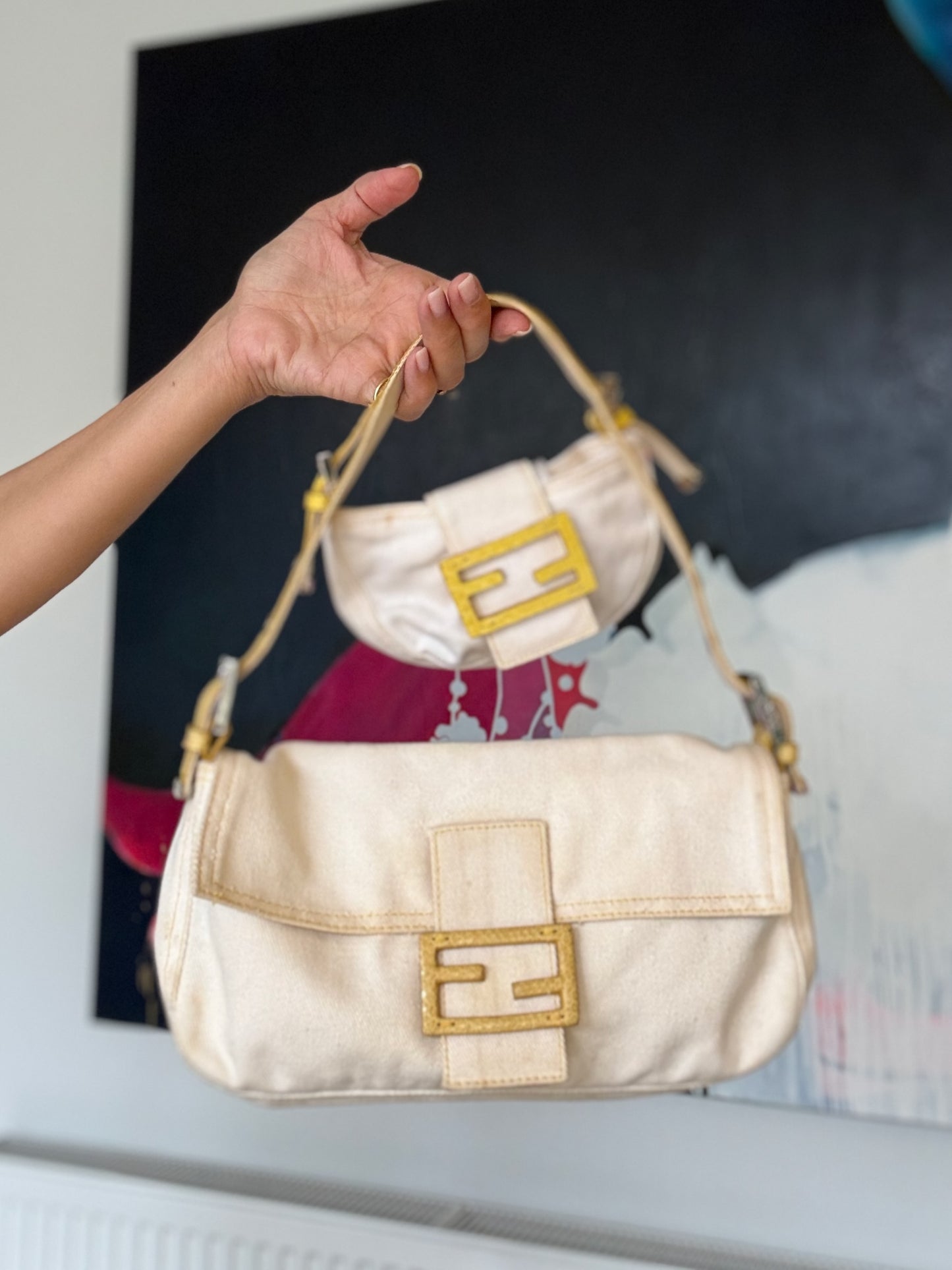 Vintage Fendi White Denim Baguette with Yellow Python Trim
