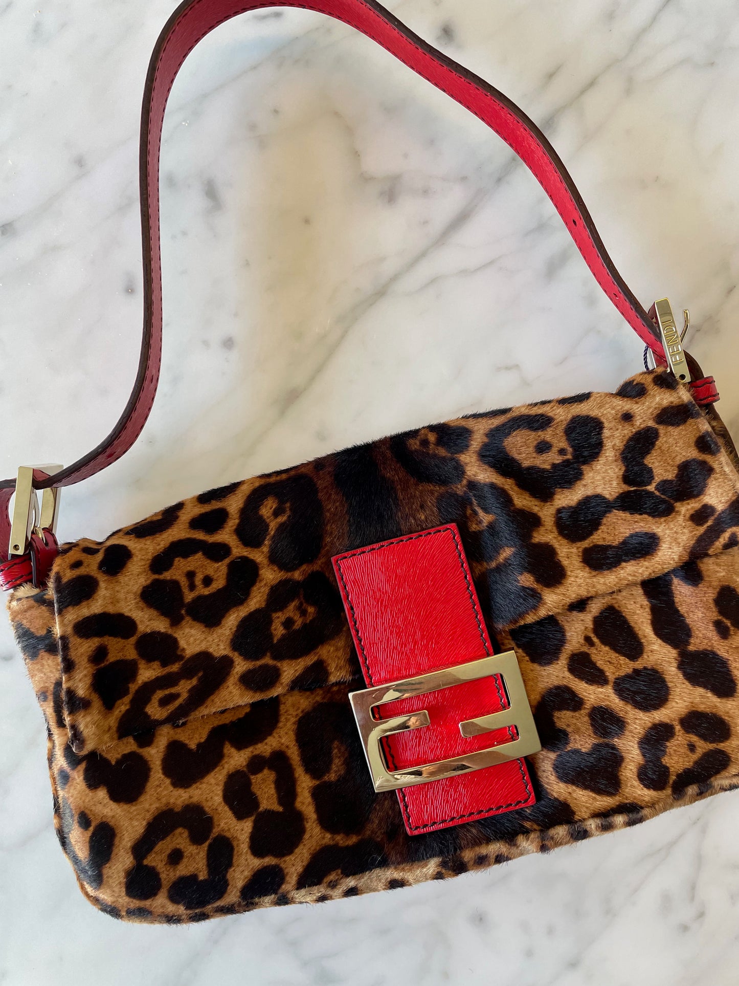 Fendi Leopard Print and Red Leather Baguette