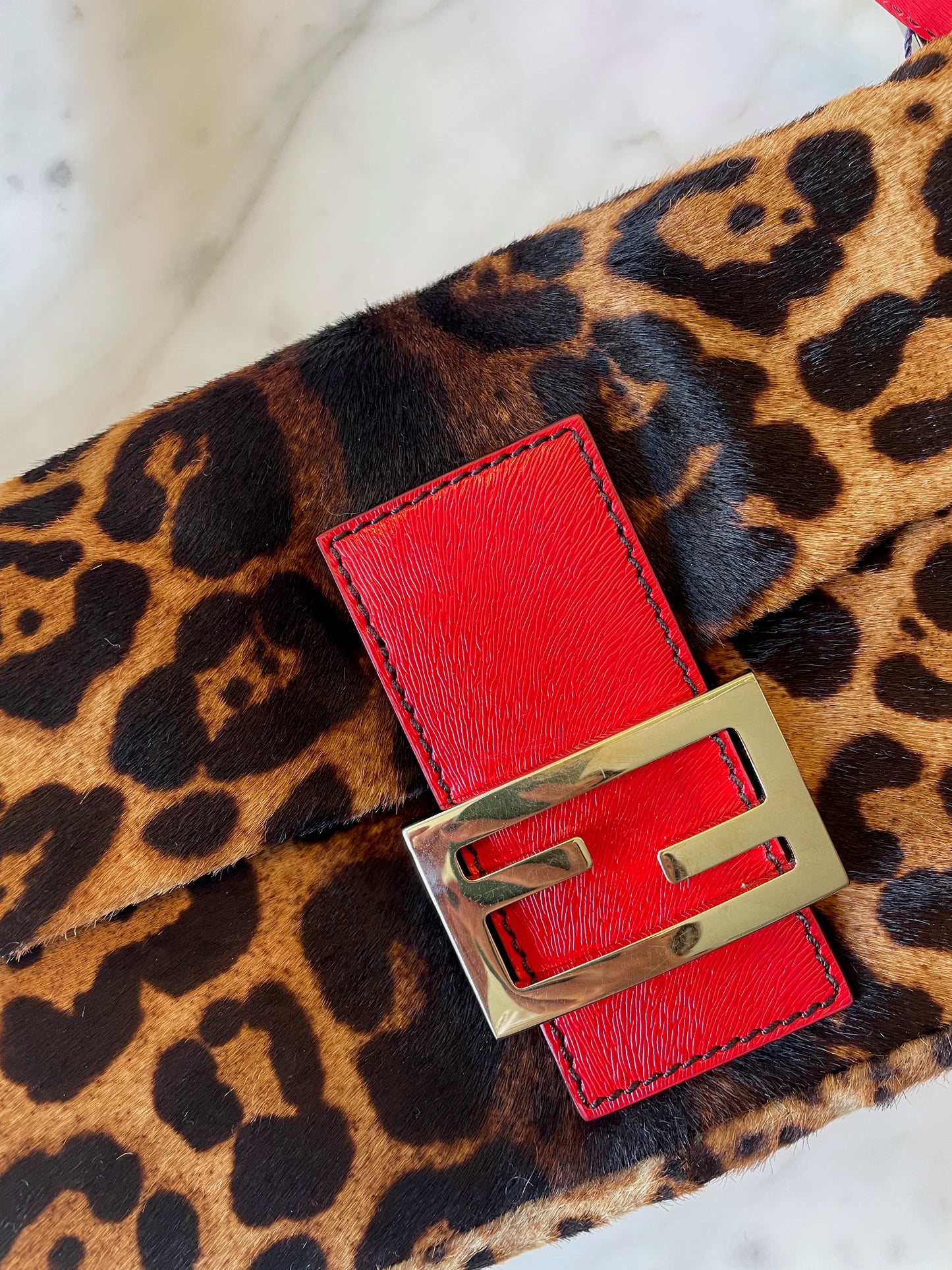 Fendi Leopard Print and Red Leather Baguette