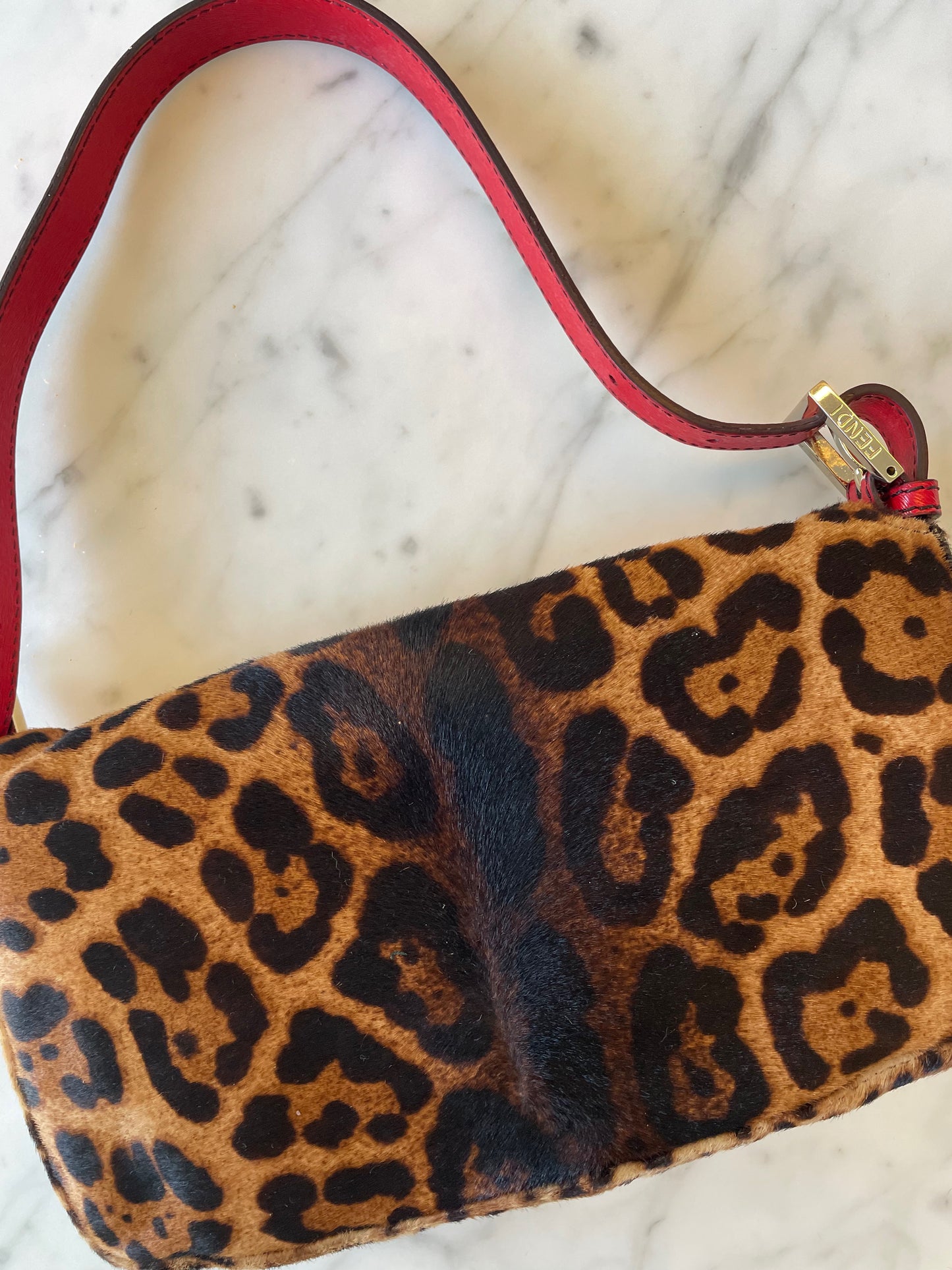 Fendi Leopard Print and Red Leather Baguette