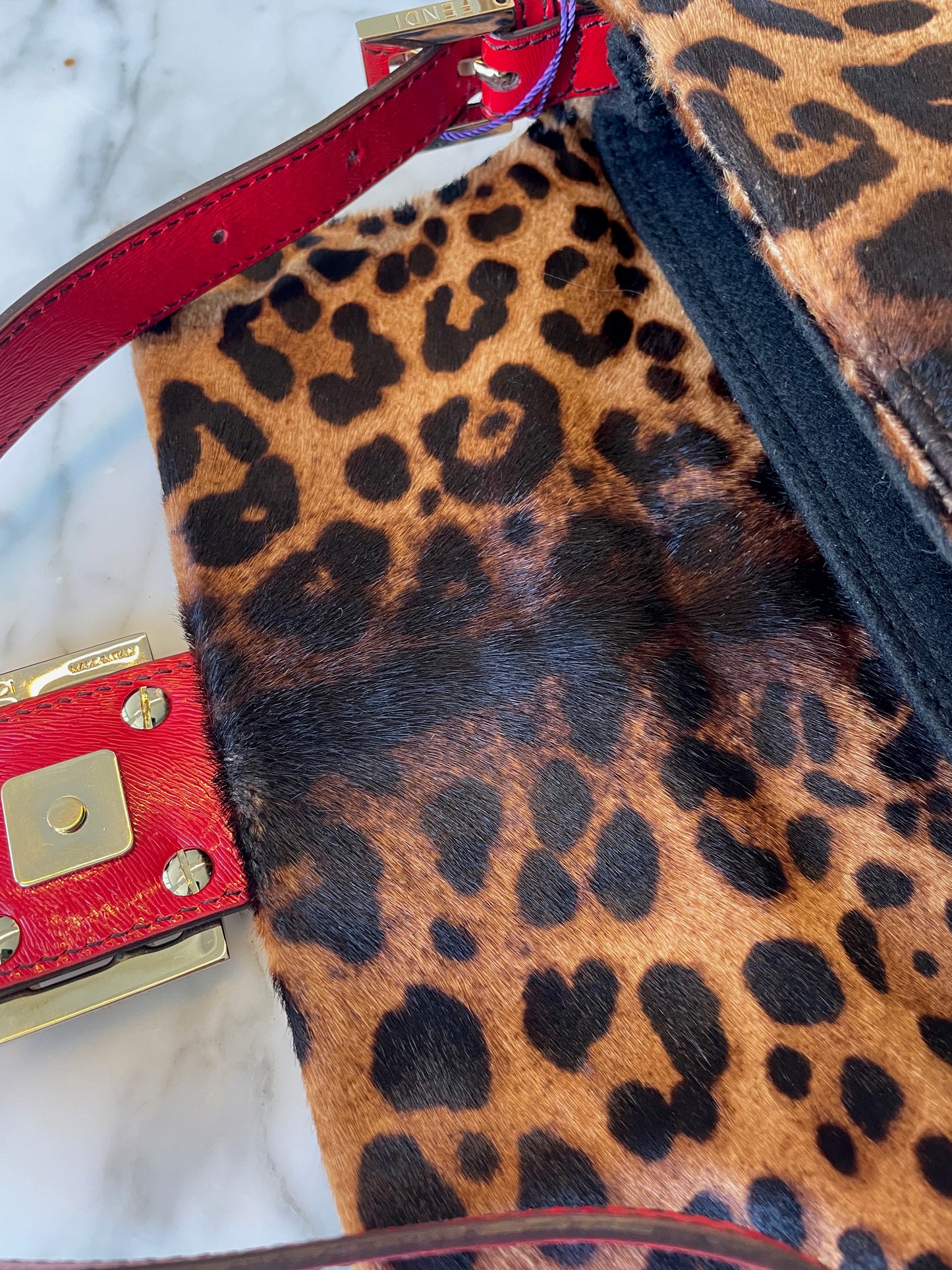 Fendi Leopard Print and Red Leather Baguette