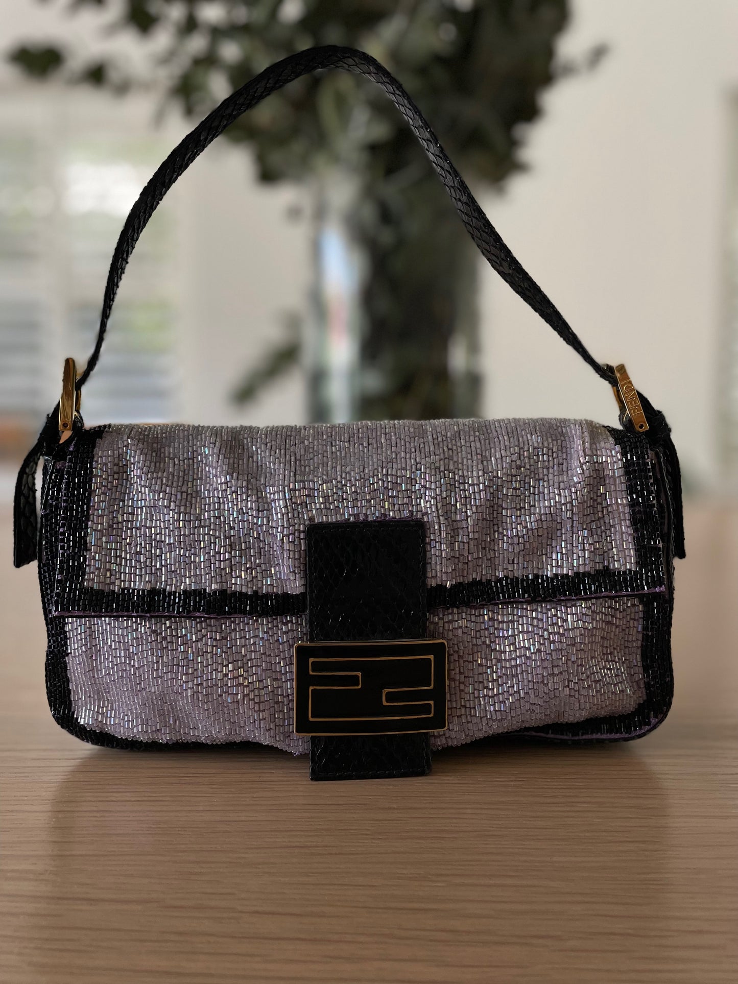 Fendi Vintage Lilac & Black Trim Beaded Baguette