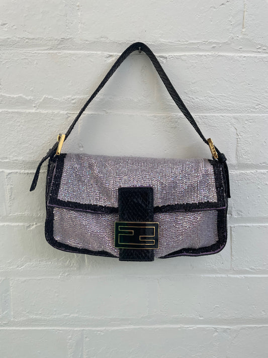 Fendi Vintage Lilac & Black Trim Beaded Baguette