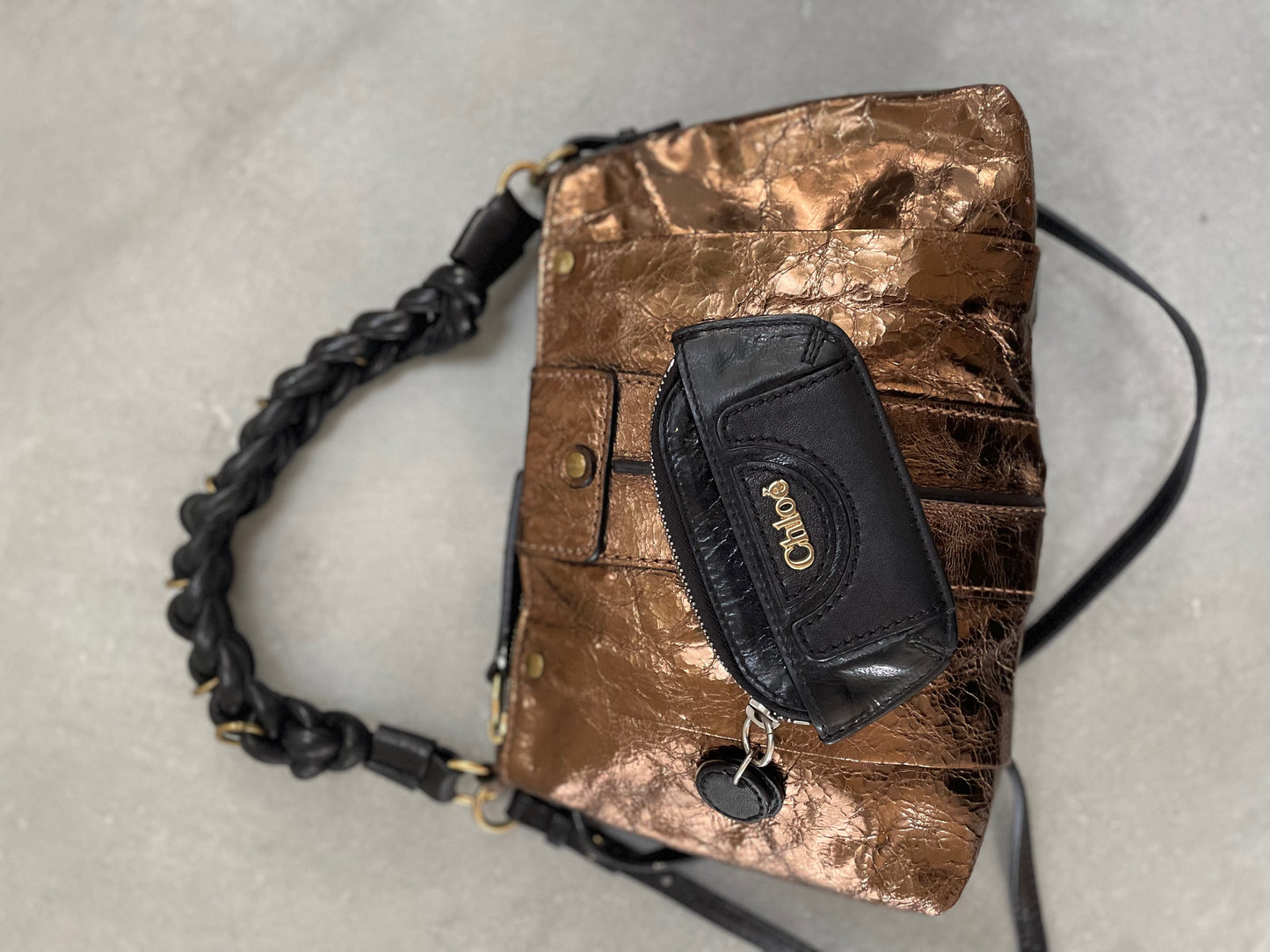 Chloe Metallic Bronze Leather Shoulder Bag with Coin Pouch