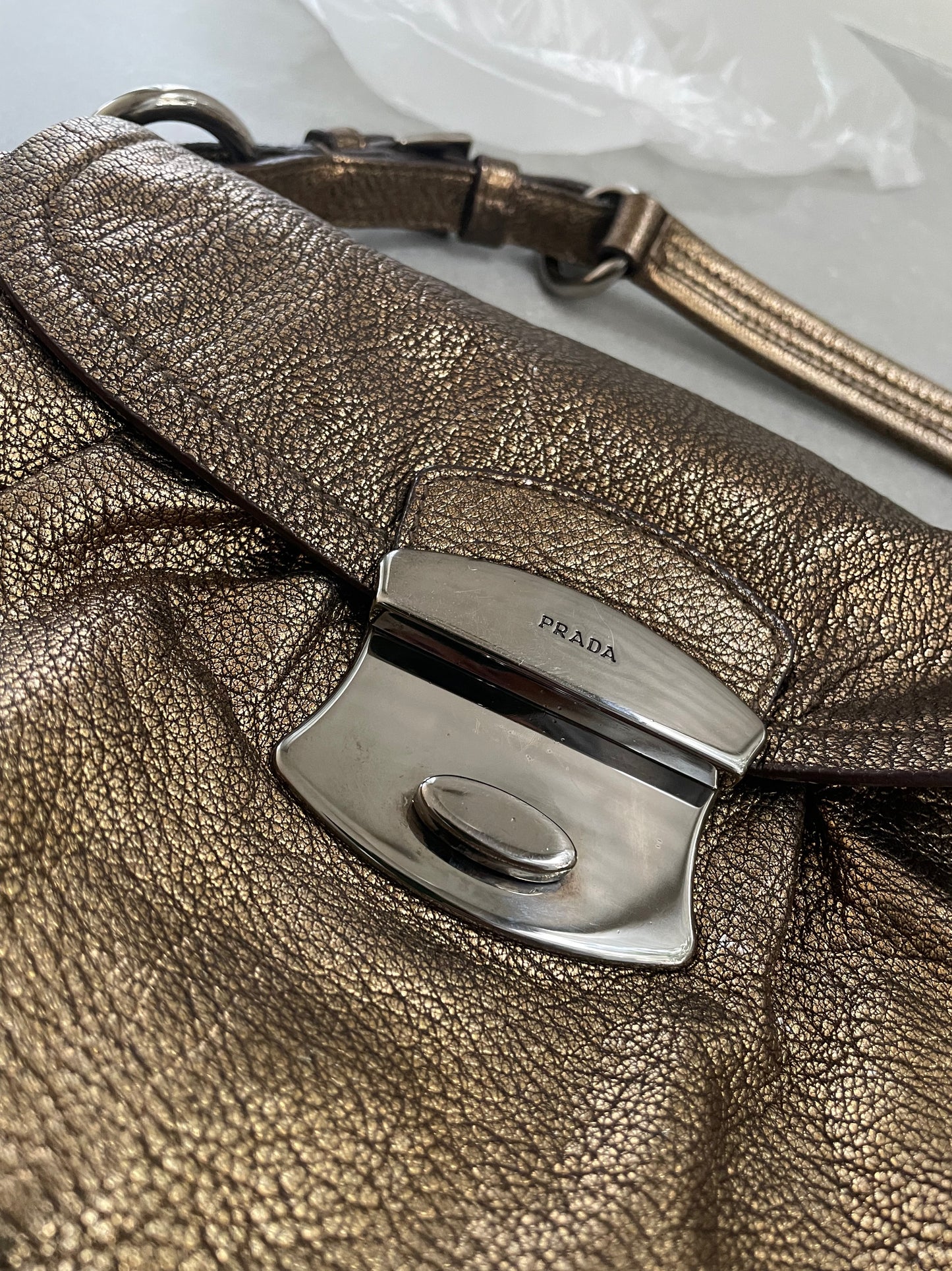 Prada Bronze Pushlock Flap Leather Bag