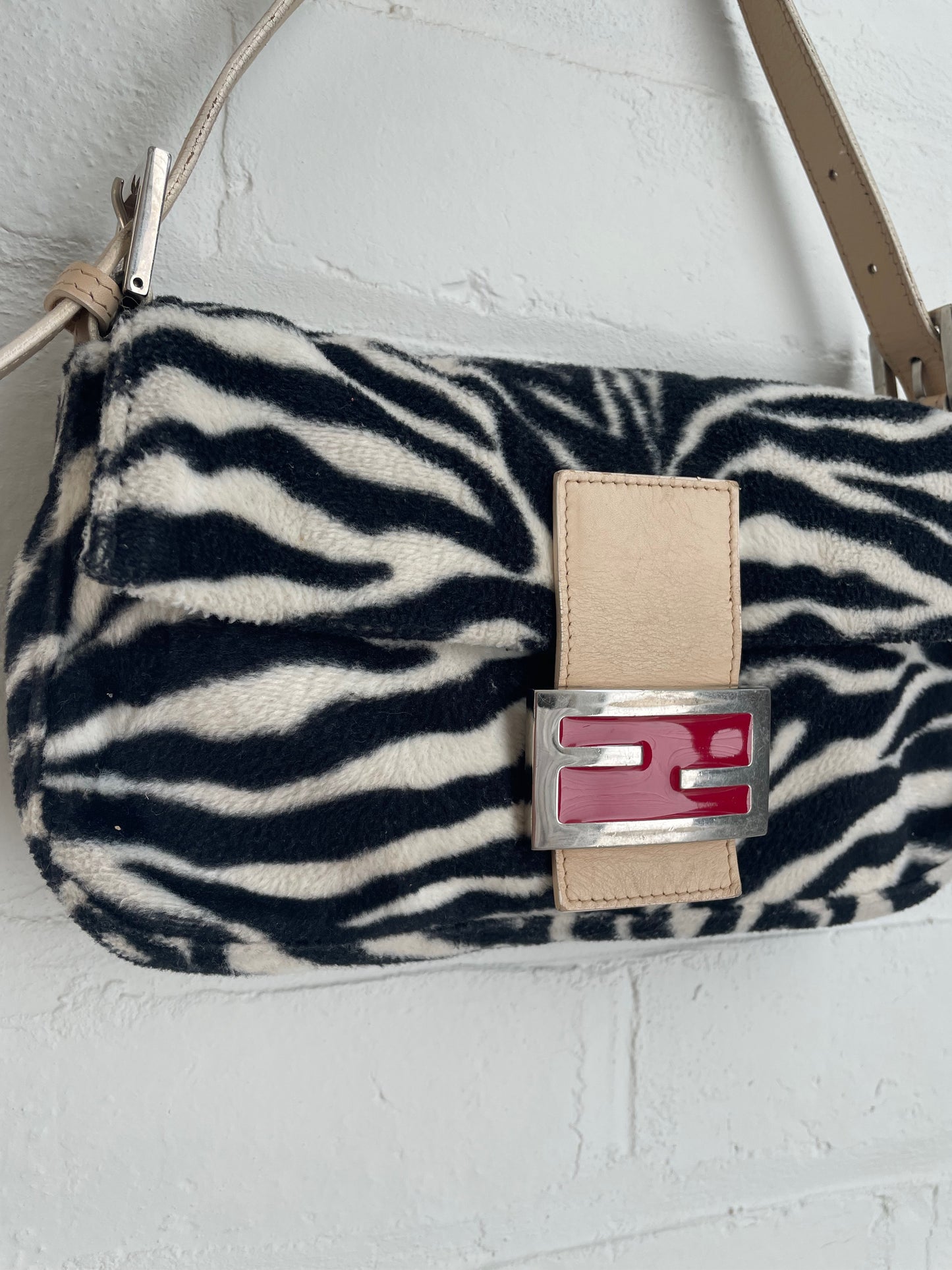 Fendi Zebra Print Baguette with Contrasting Red Buckle