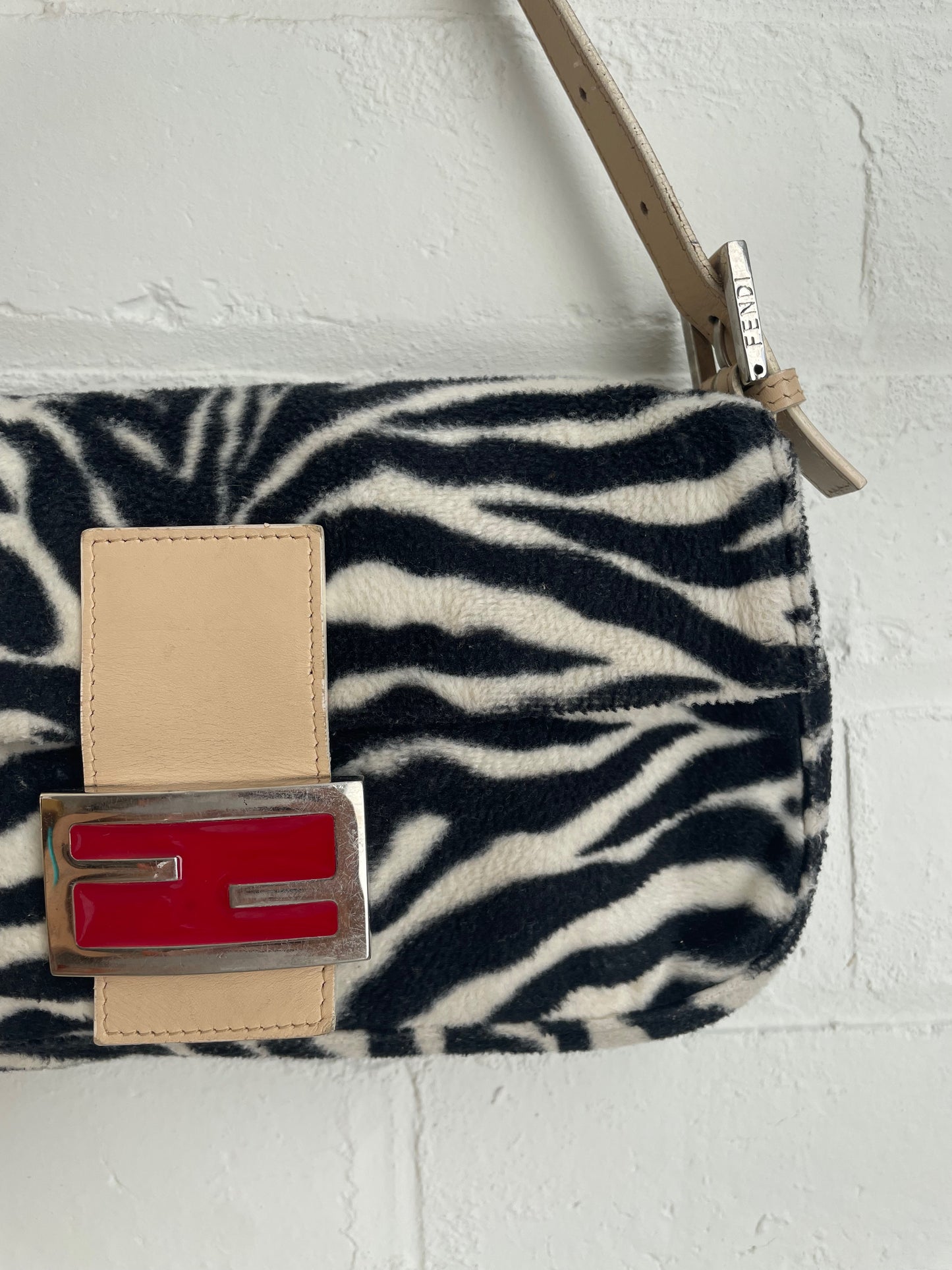 Fendi Zebra Print Baguette with Contrasting Red Buckle