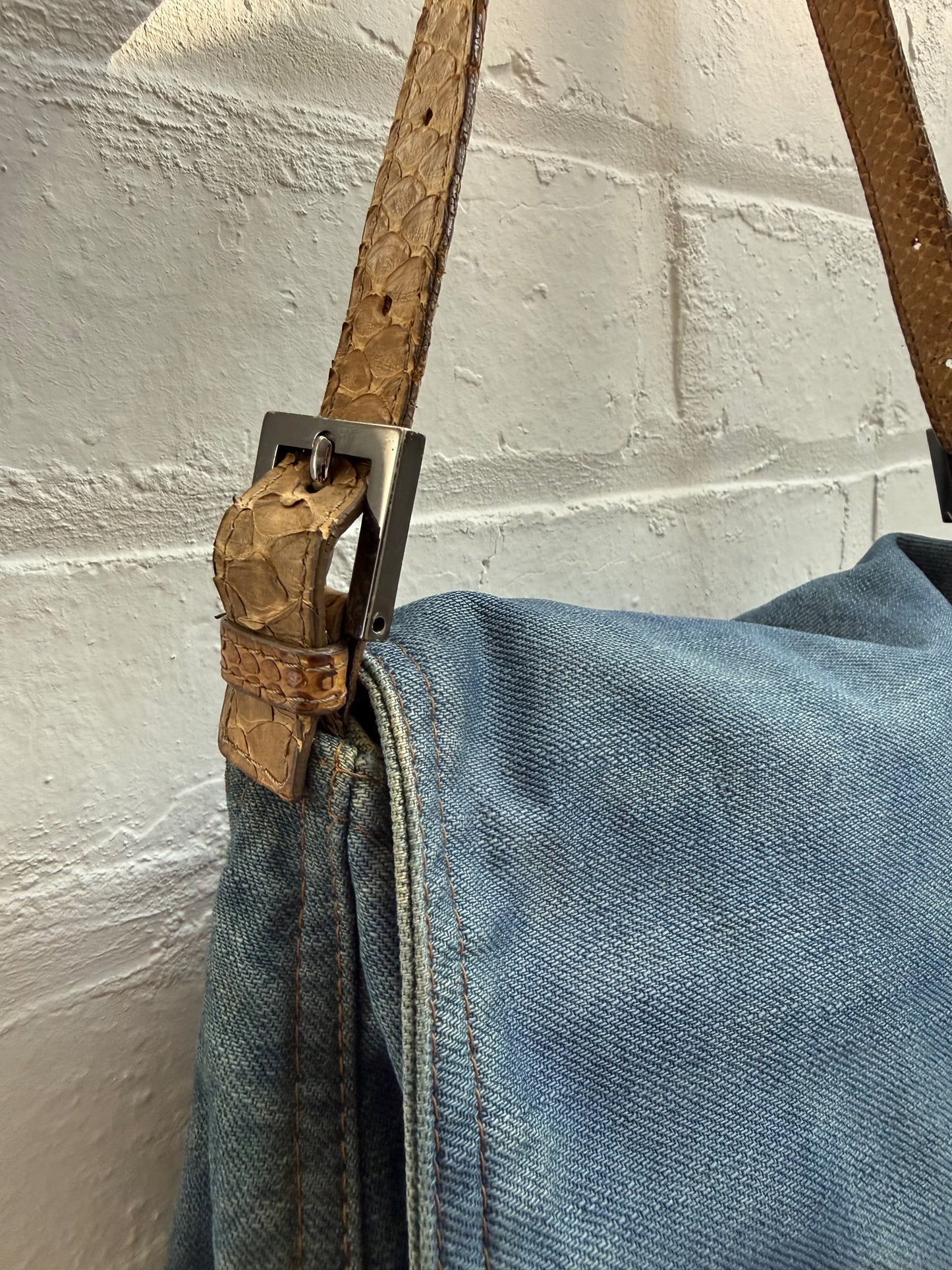 Fendi Denim Mama Baguette with Python Strap and Buckle