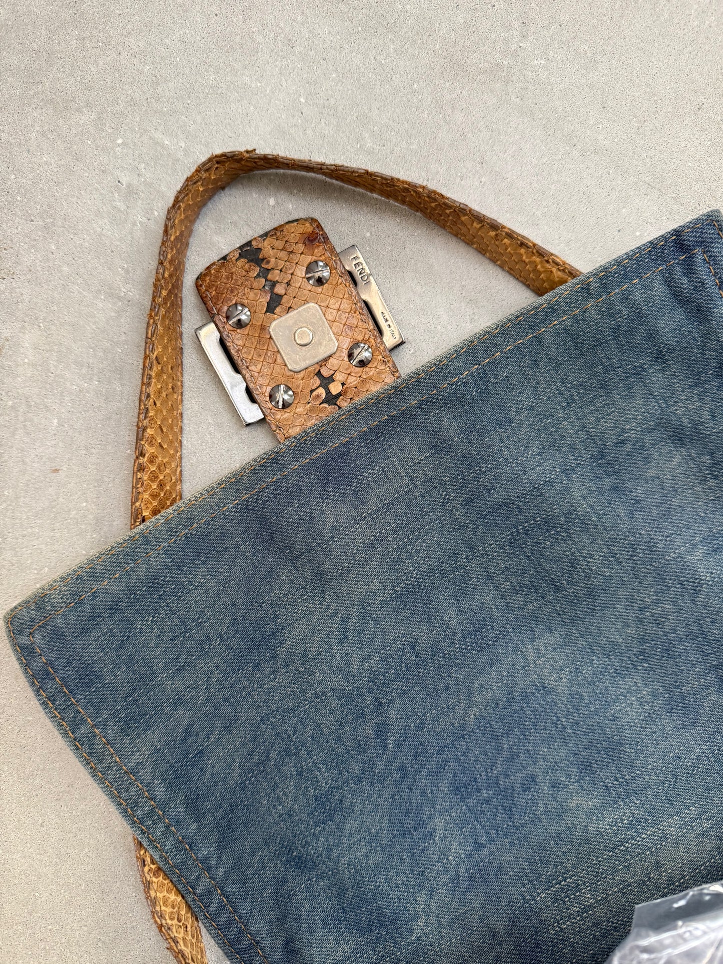 Fendi Denim Mama Baguette with Python Strap and Buckle