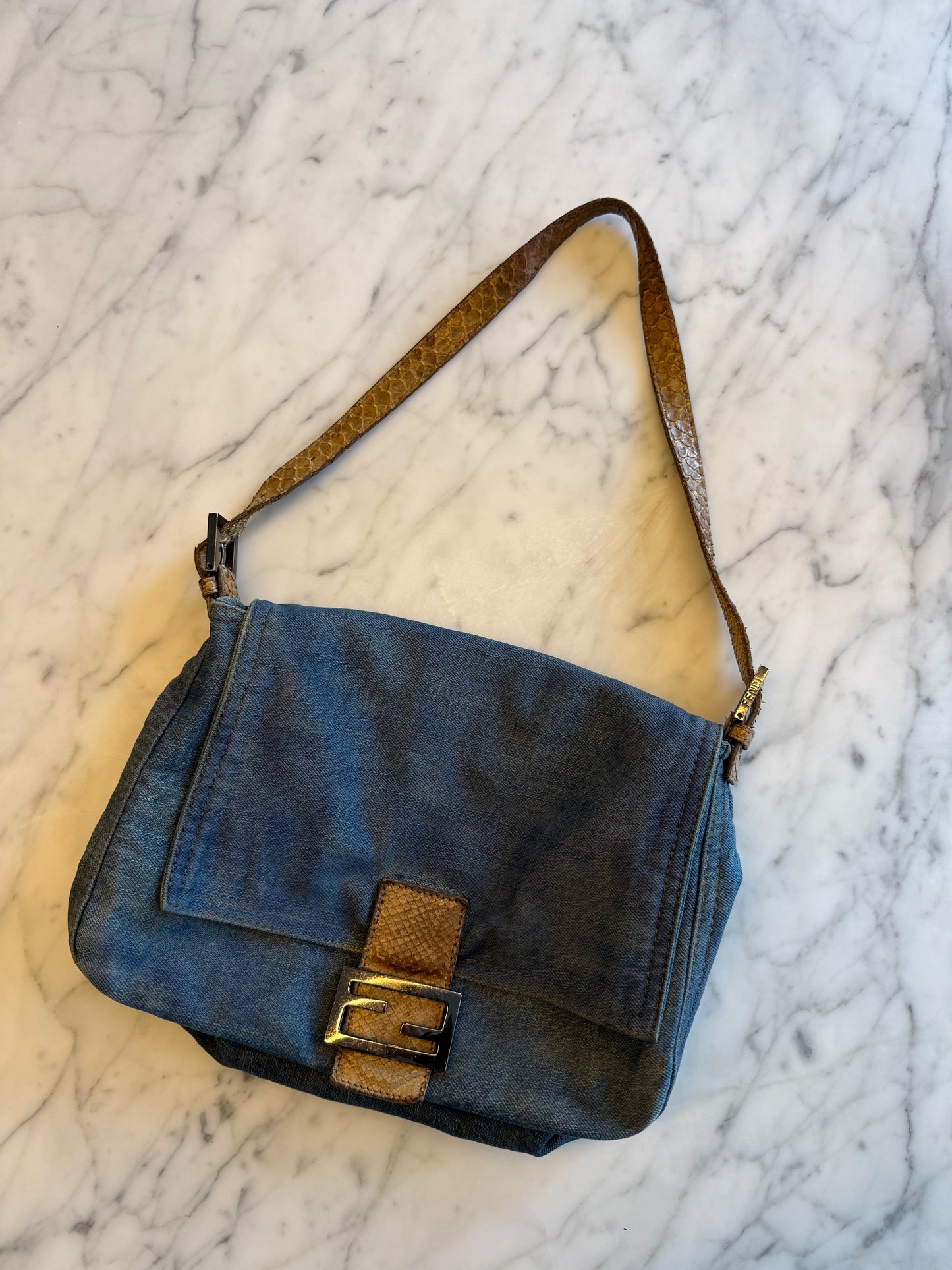 Fendi Denim Mama Baguette with Python Strap and Buckle