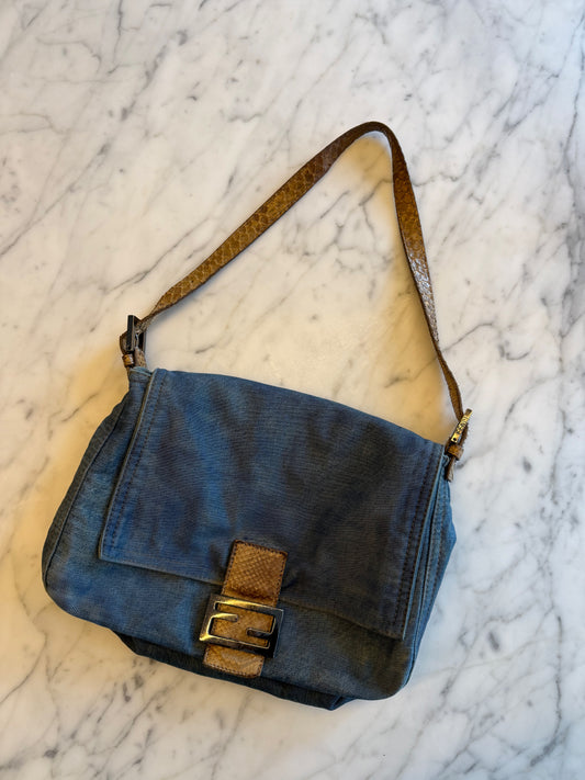 Fendi Denim Mama Baguette with Python Strap and Buckle