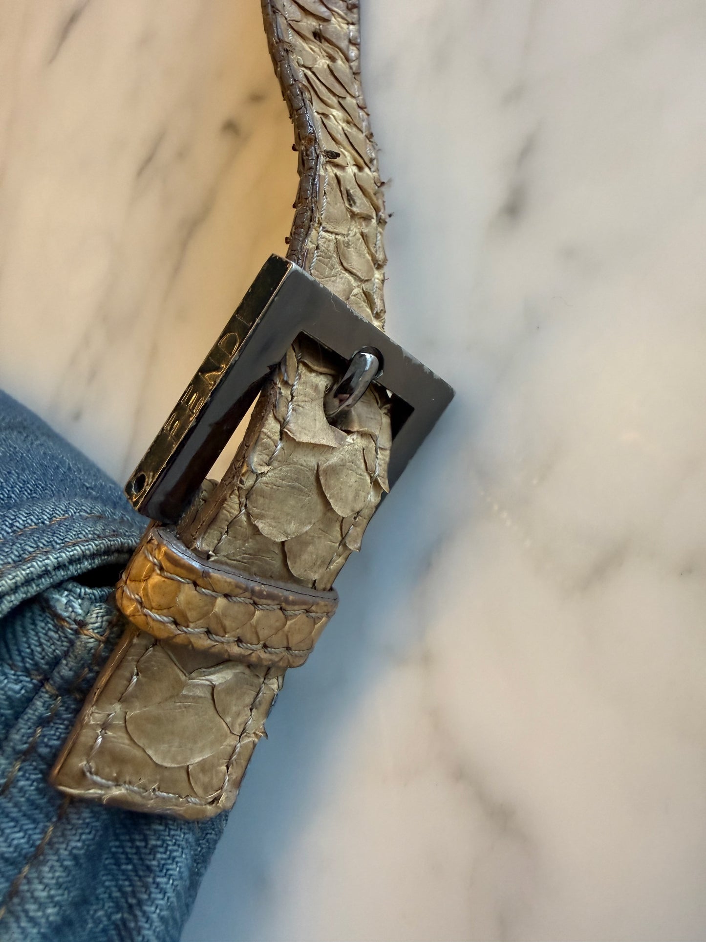 Fendi Denim Mama Baguette with Python Strap and Buckle