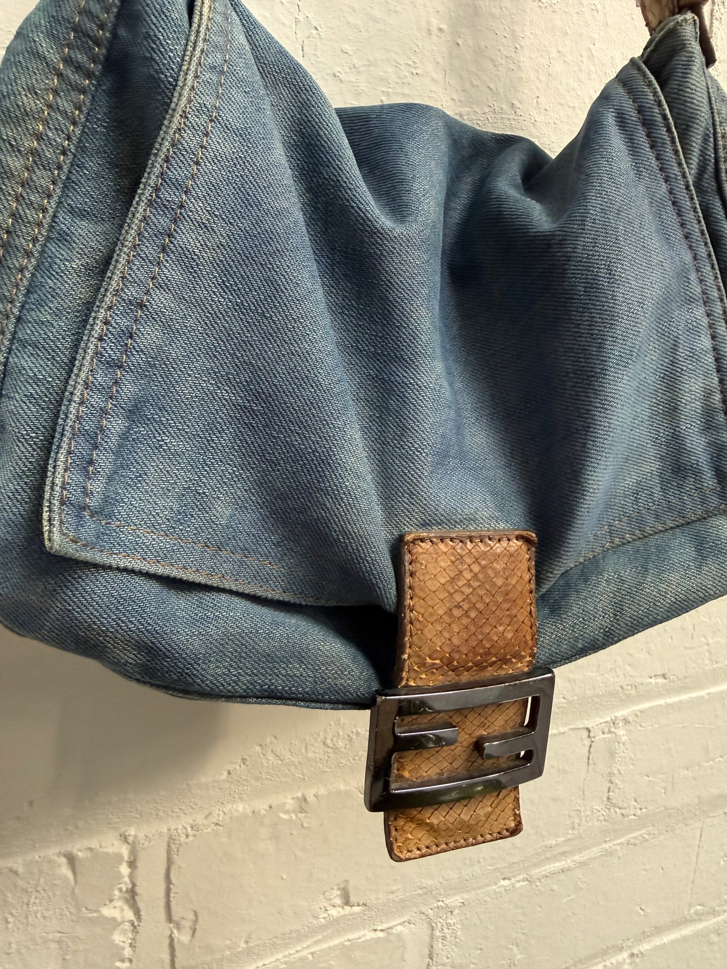 Fendi Denim Mama Baguette with Python Strap and Buckle