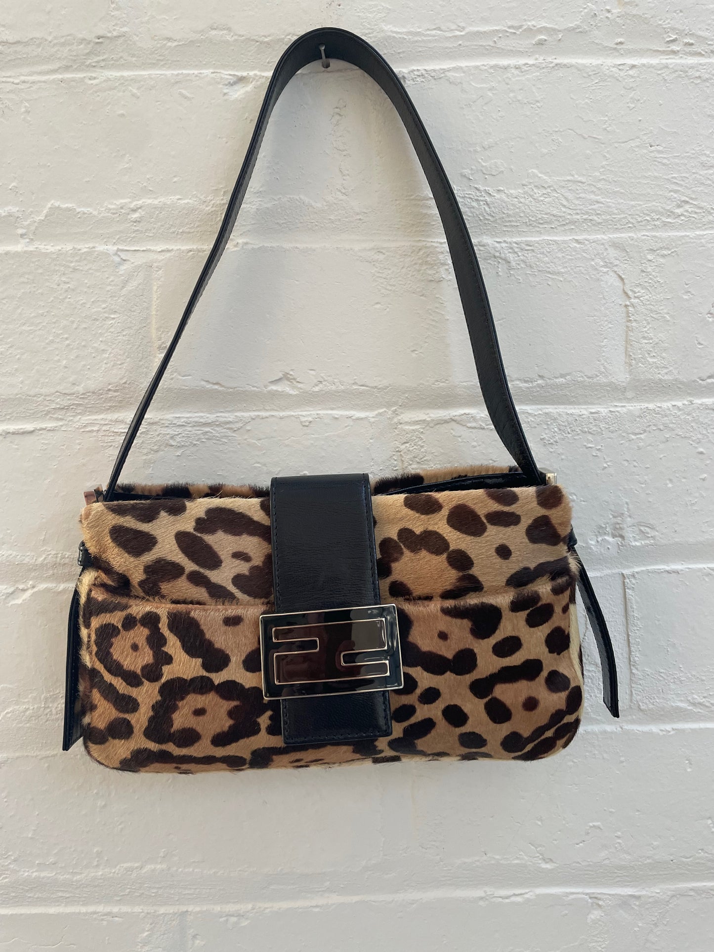 Fendi Leopard Pony Hair FF Logo Shoulder Baguette