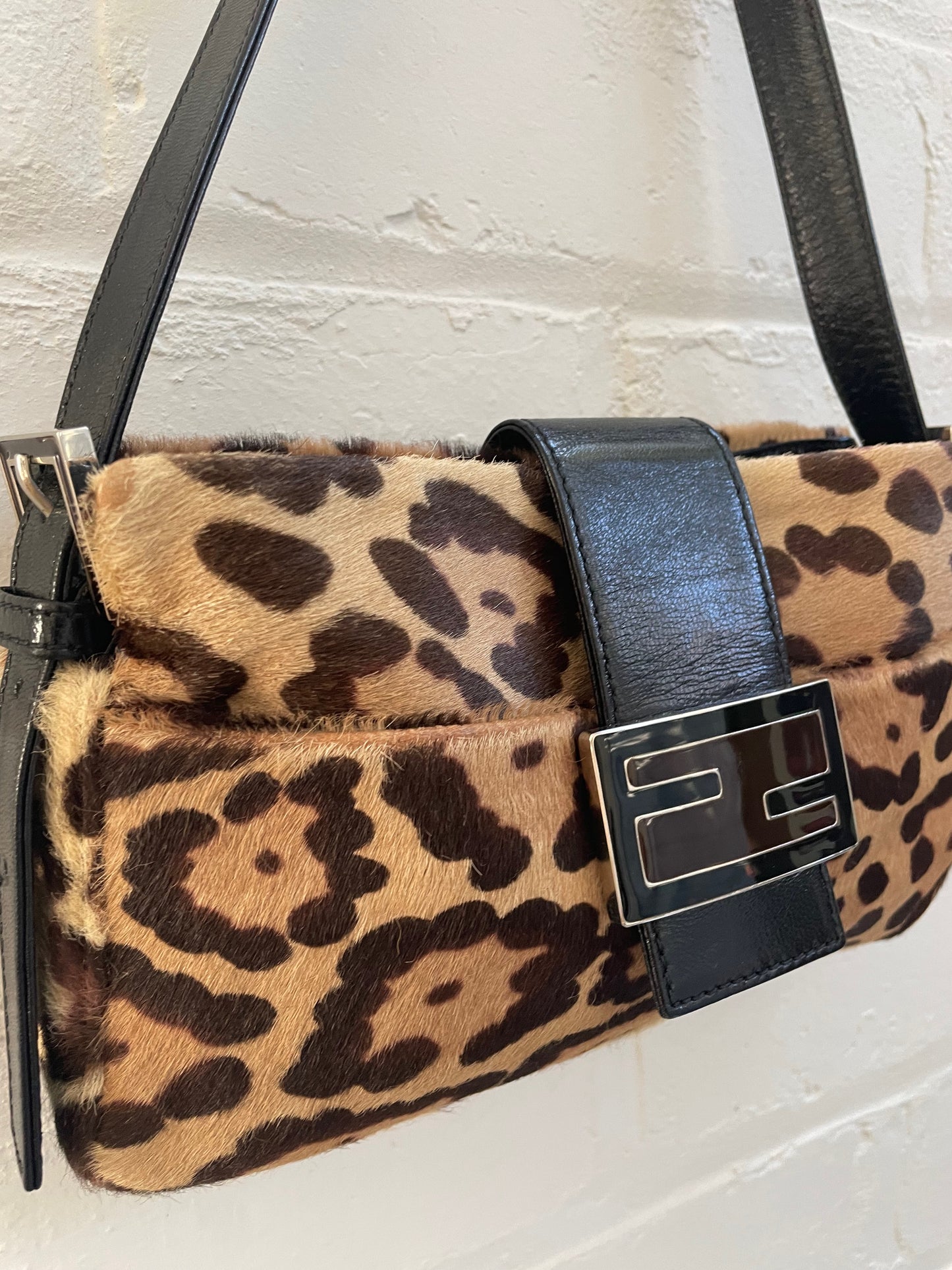 Fendi Leopard Pony Hair FF Logo Shoulder Baguette