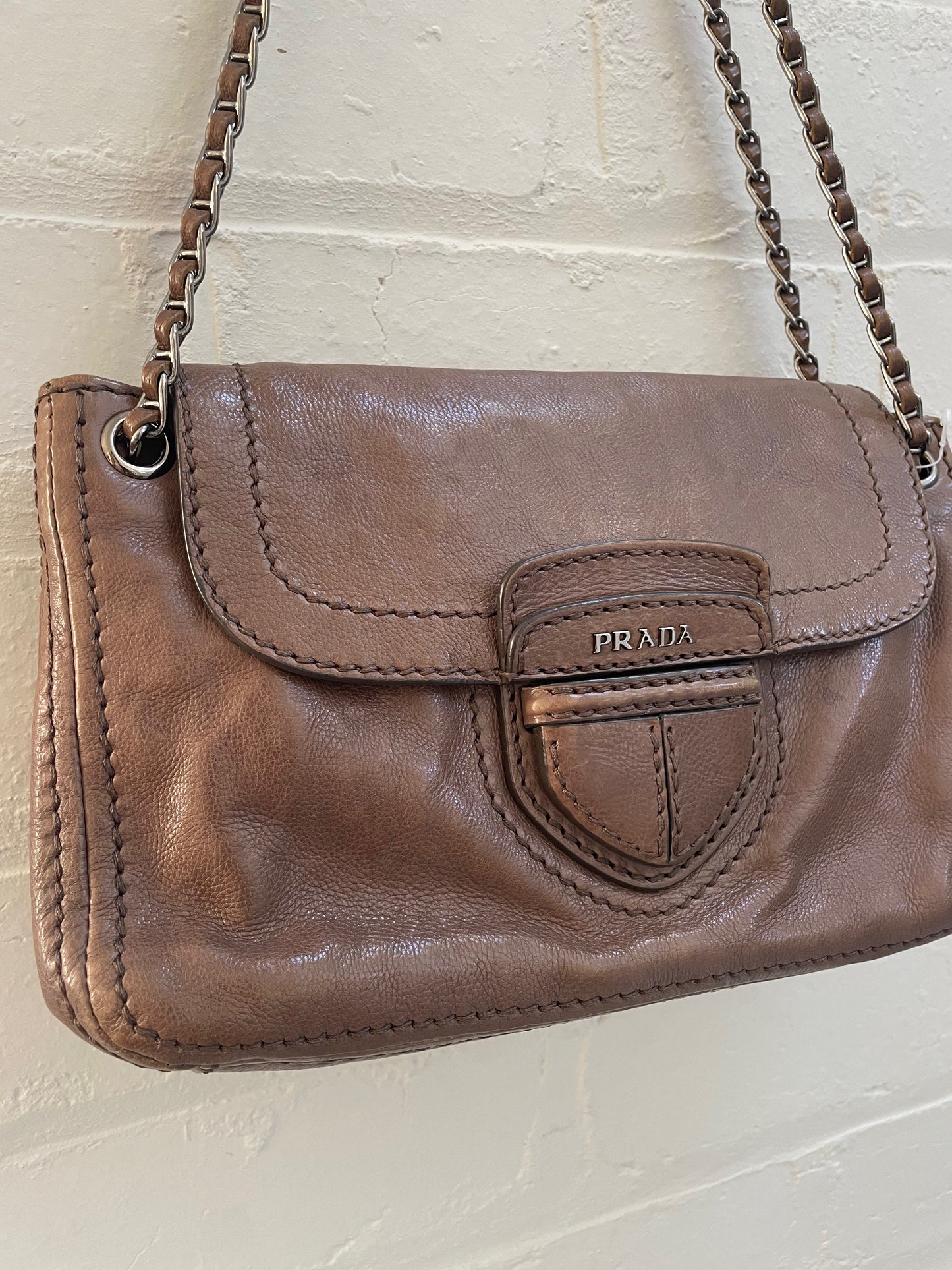 Prada Vintage Glace Calf Leather Brown Chain Bag