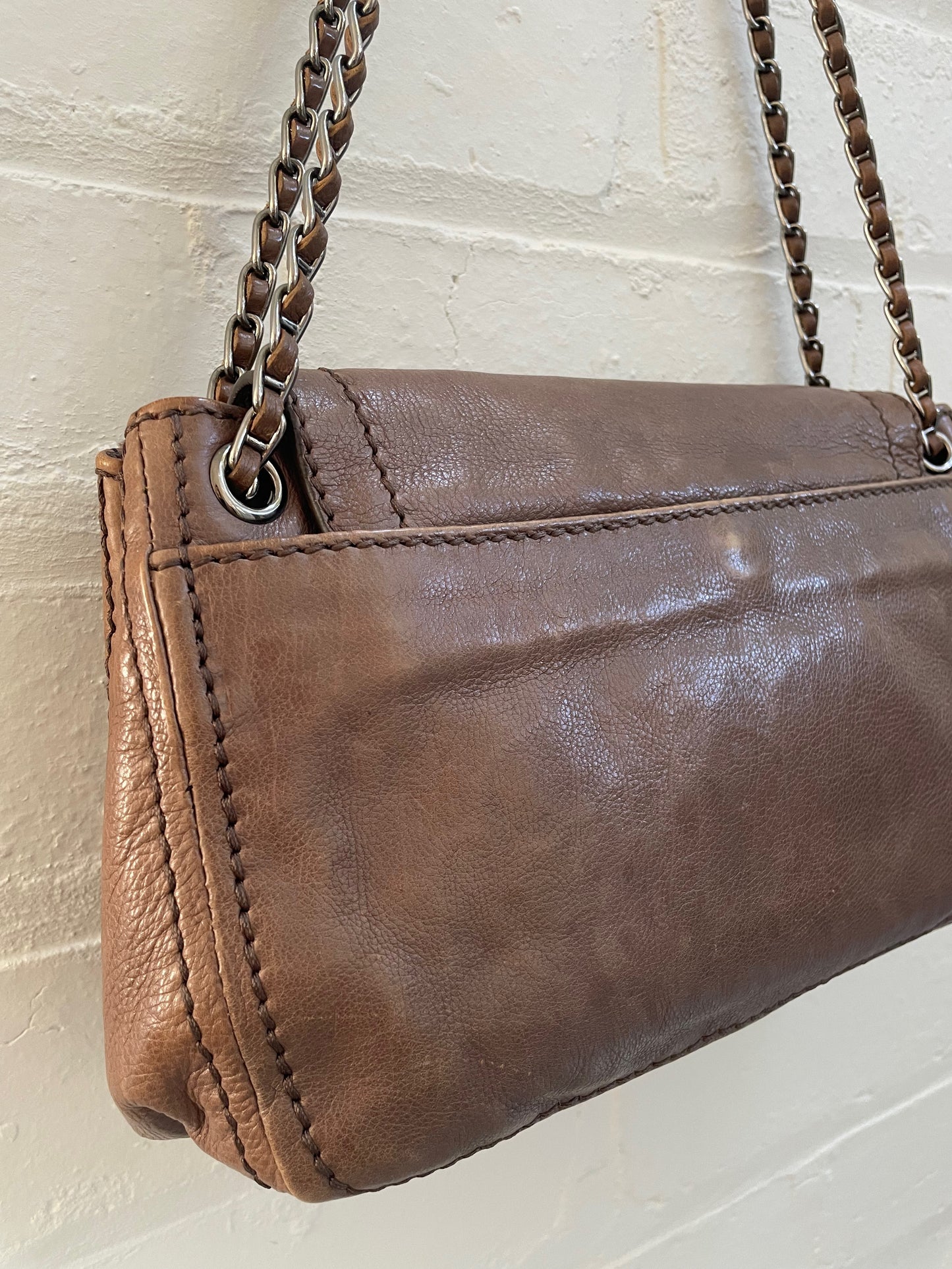 Prada Vintage Glace Calf Leather Brown Chain Bag