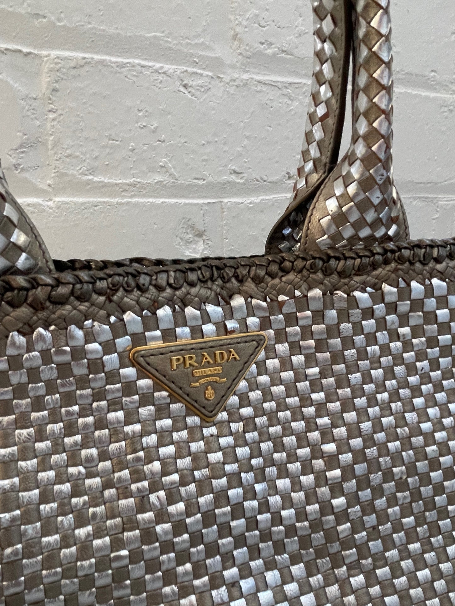 Prada Silver / Metallic Woven Madras Leather Tote