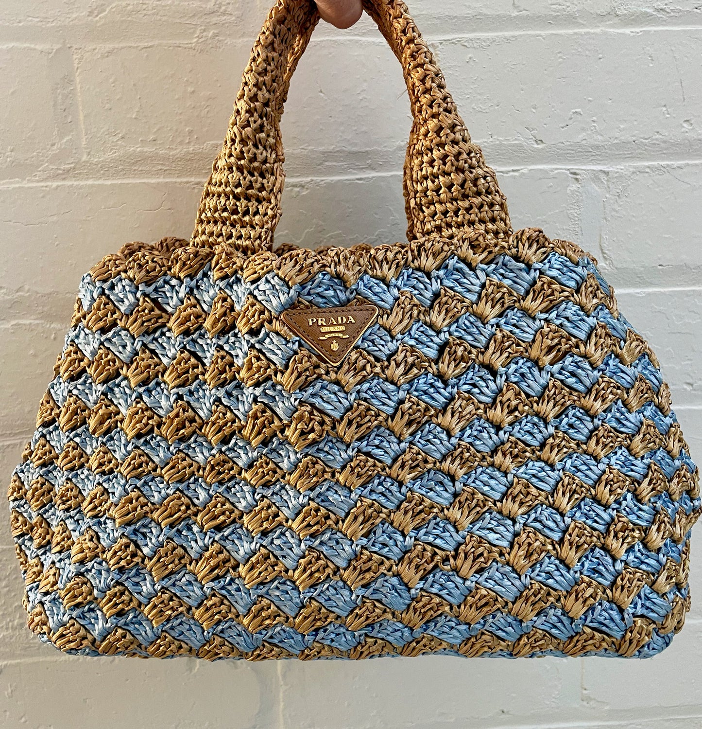 Prada Cielo Raffia Crochet Shopping Tote