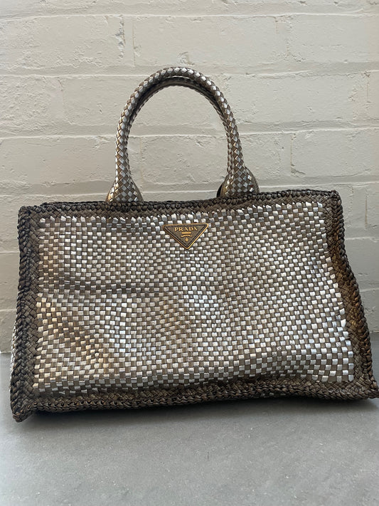 Prada Silver / Metallic Woven Madras Leather Tote