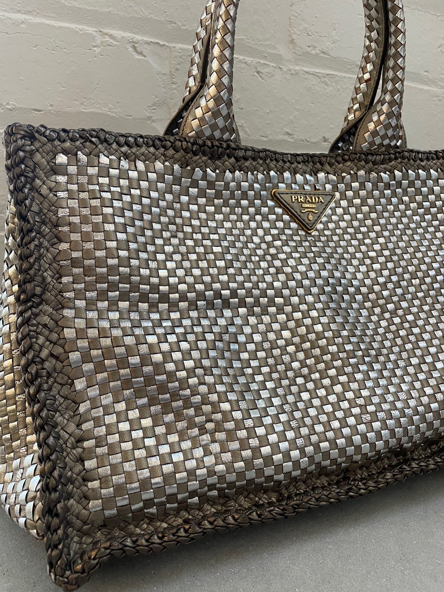 Prada Silver / Metallic Woven Madras Leather Tote