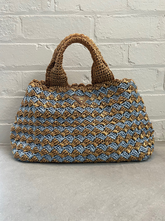 Prada Cielo Raffia Crochet Shopping Tote