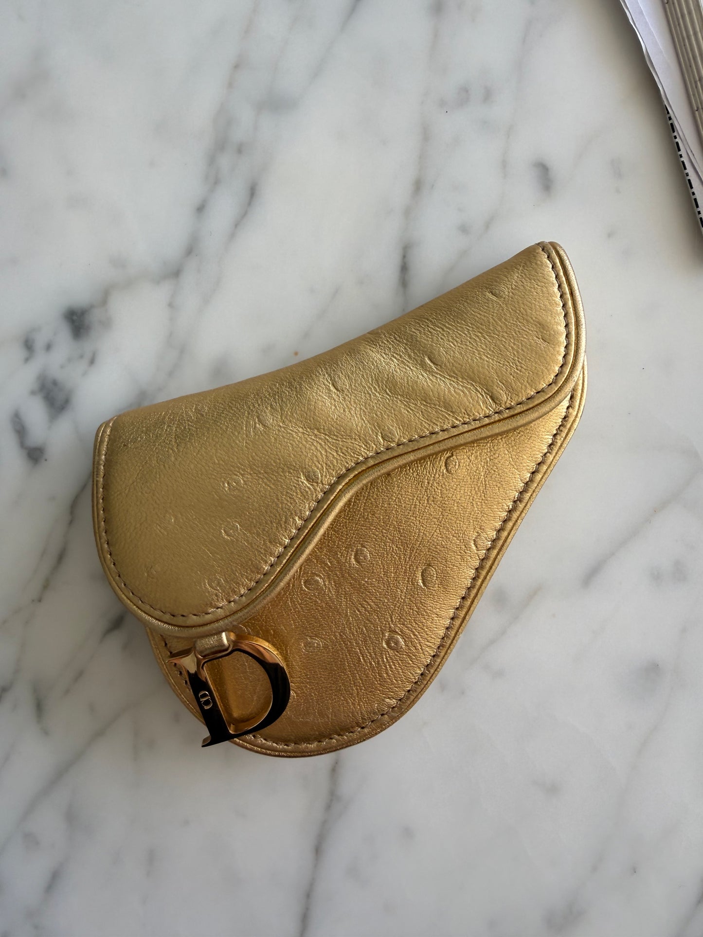 Christian Dior Gold Ostrich Saddle Coin Purse