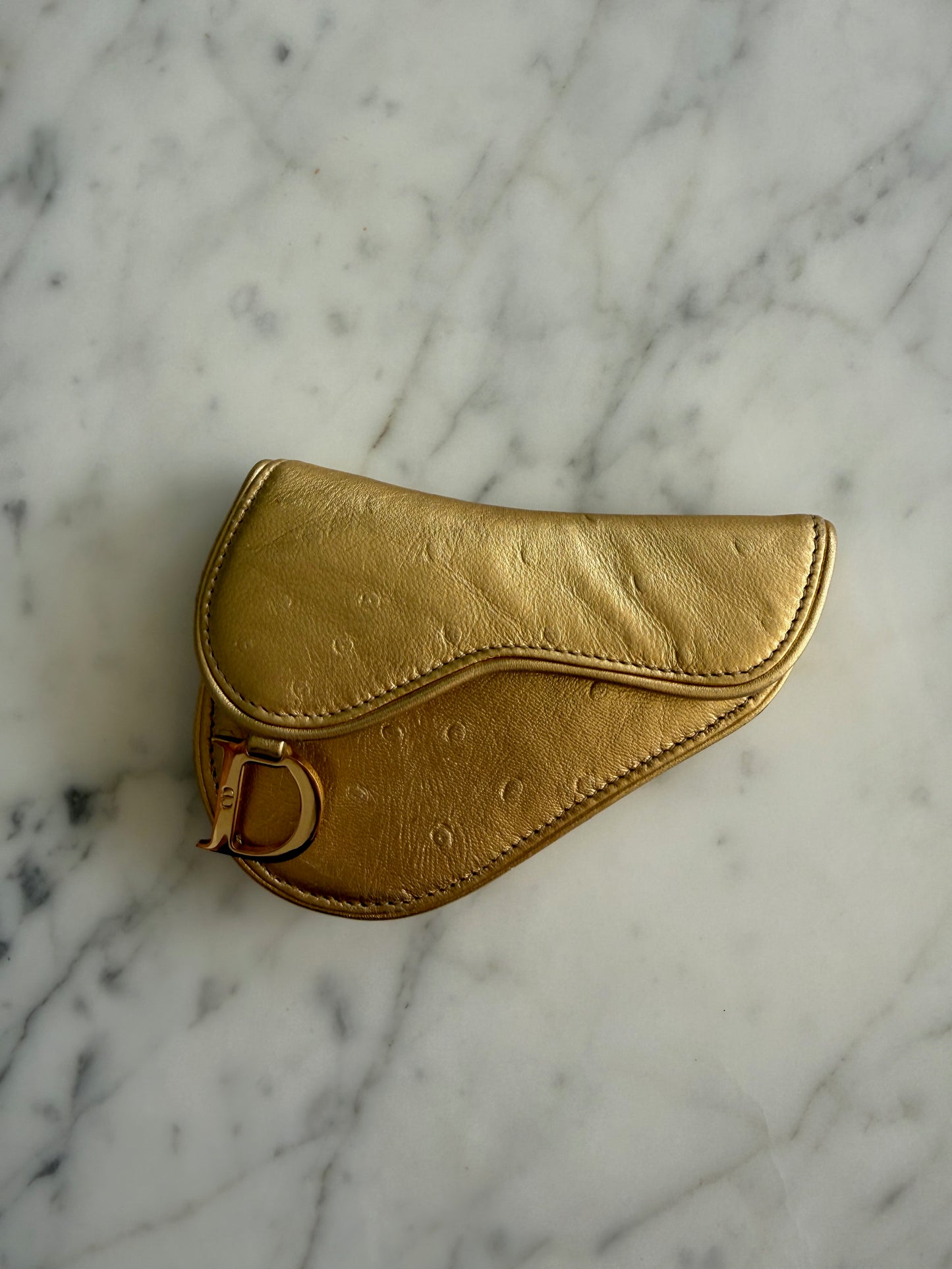 Christian Dior Gold Ostrich Saddle Coin Purse