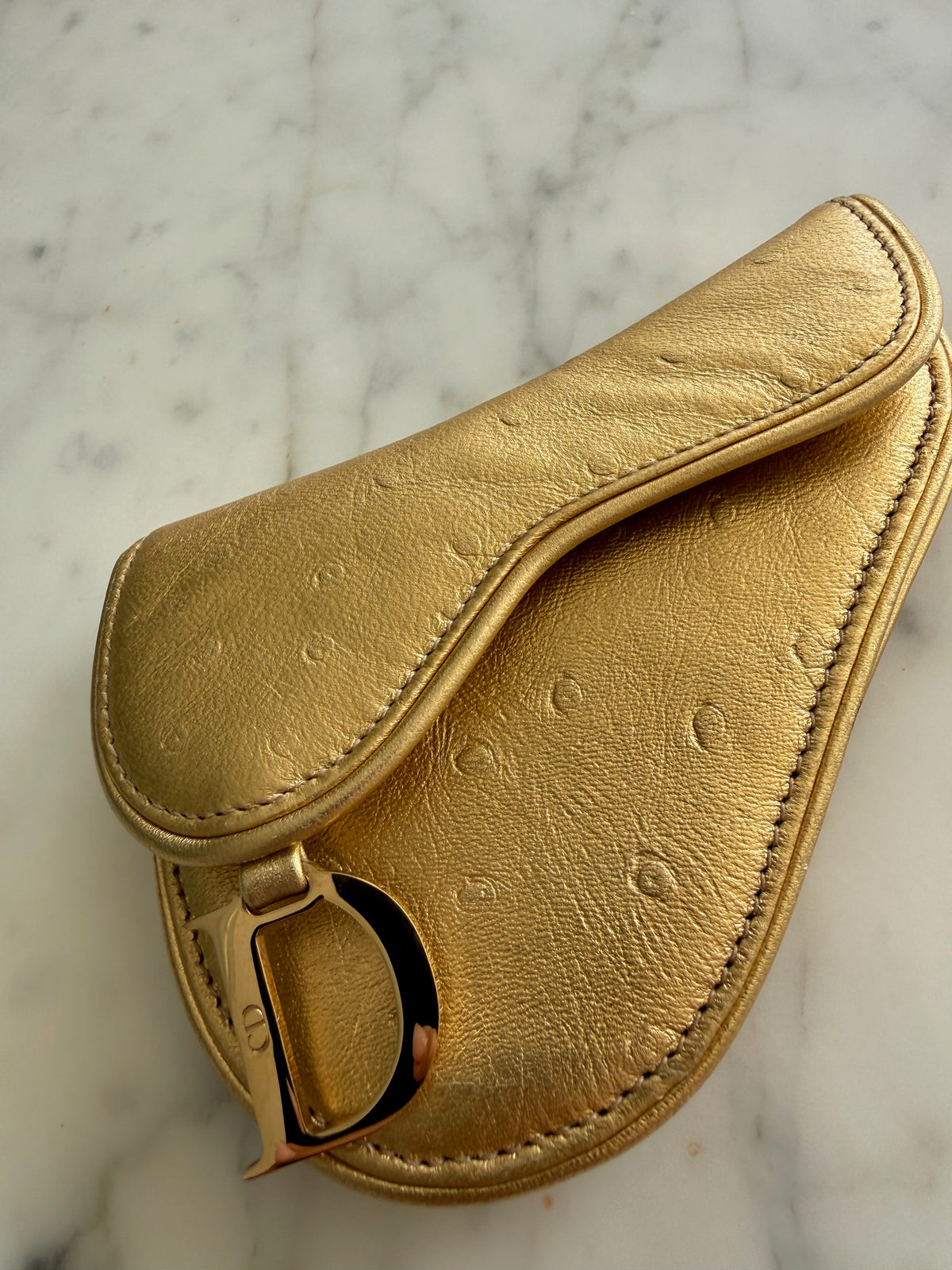 Christian Dior Gold Ostrich Saddle Coin Purse
