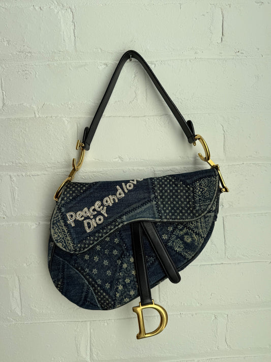 Christian Dior Peace and Love Patchwork Denim Saddle Bag