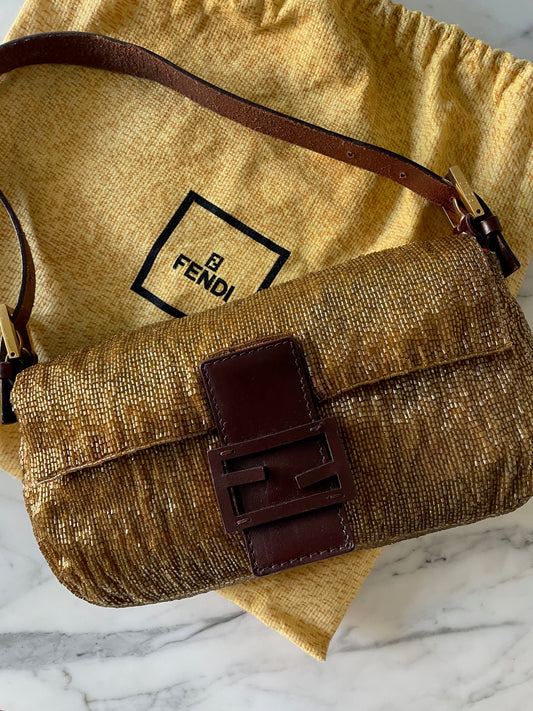 Fendi Gold Beaded Baguette