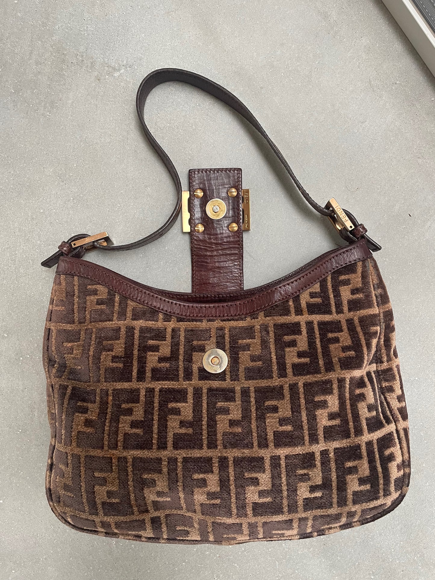 Fendi Velvet Zucca Vitello Forever Hobo Fango Grigio Bruciato