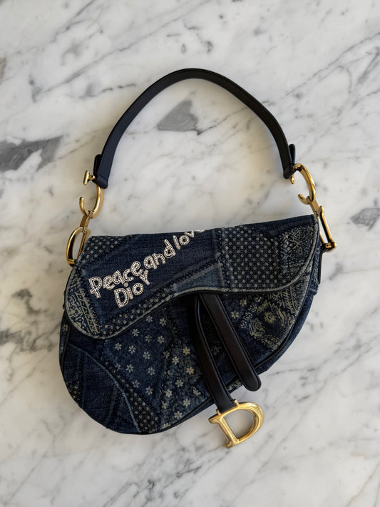 Christian Dior Peace and Love Patchwork Denim Saddle Bag