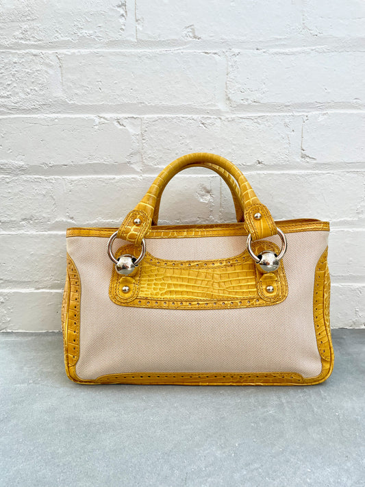 Céline Yellow Crocodile & Canvas Boogie Bag